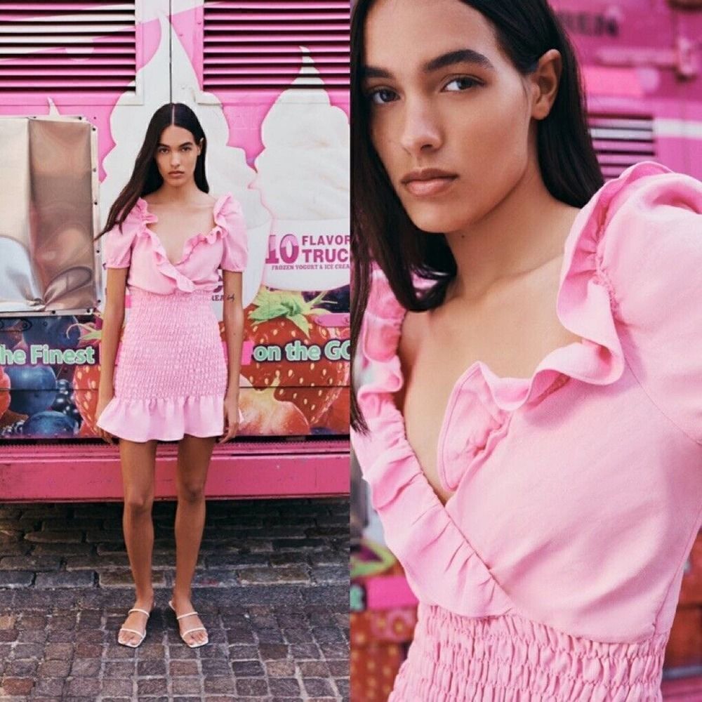 Zara Bubble Gum Pink Linen Blend Mini Dress Women’s Size Medium M Barbie